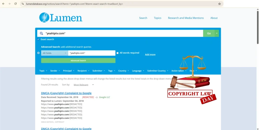 yeahiptv.com violates copyright laws with illegal streams